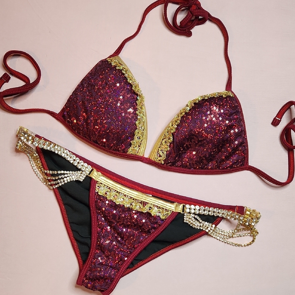 Burgundy Sequin Triangle Bikini with Gold Trim